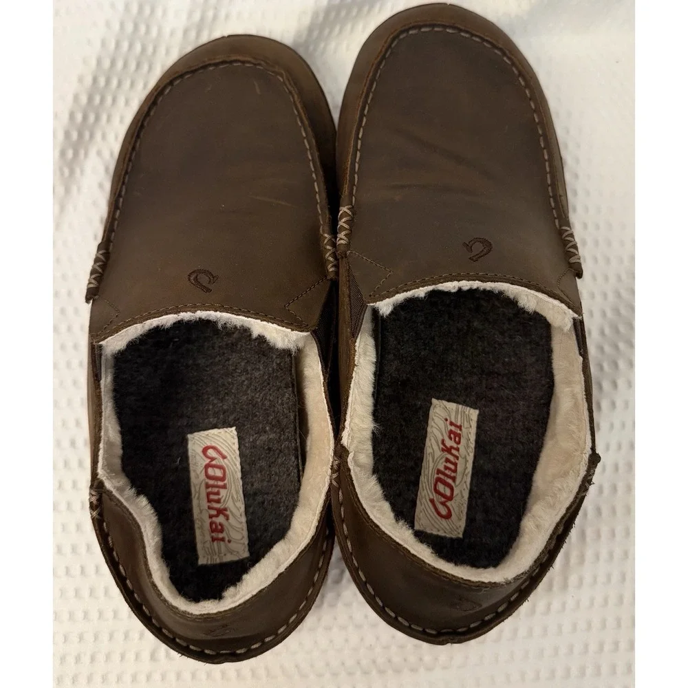 OluKai Moloa Men's Slipper US 9 EU 42 Brown Leather Fur Lined Rubber Sole Clean!